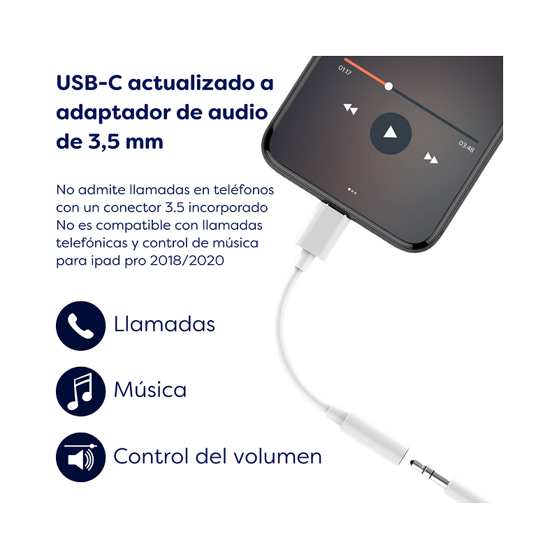Adaptador de Auriculares USB-C a 0.138 in (3 en 1) Tipo C AUX Jack